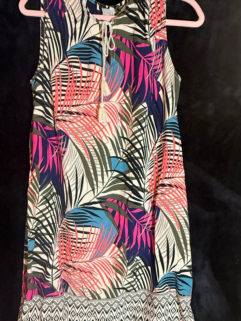 Time and Tru Tropical Leaf Print Sleeveless Dress in Navy, Pink, Teal & Cream